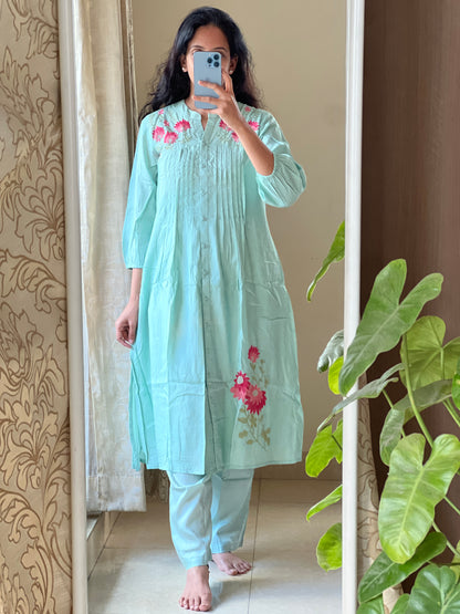 A0207 sea blue muslin two piece set with machine embroidery detailing