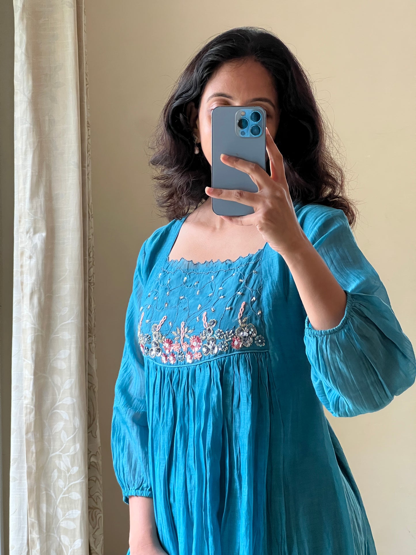 A0524 blue Mul Chanderi dress with hand embroidery and zerdosi work detailing