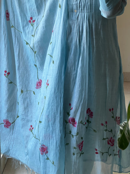 A0583 blue mul chanderi 3 piece dress with rose hand painted & hand embroidery all over the dupatta & dress