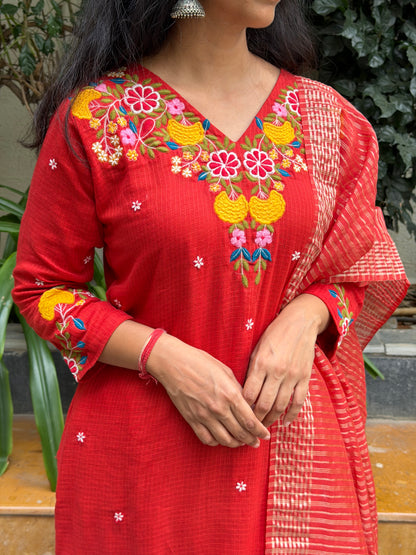 A0681 rust cotton kota straight cut 3 piece dress with stripes duppatta & kota pants comes with complete cotton lining