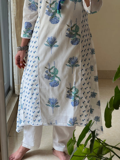 A0447 white & blue mul cotton digital floral printed 2 piece dress comes with complete attached lining