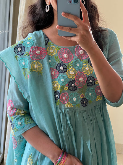 A0521 firozi blue mul chanderi 3 piece dress with multi colour threads floral embroidery all over the yoke & duppatta
