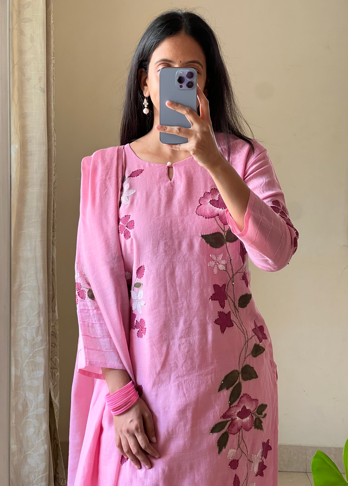 A0559 pink mul chanderi hand painted, kanta 3 piece A-Line dress