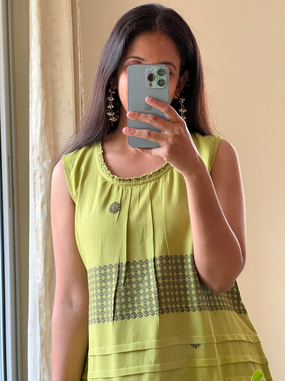 A0362 green Bengal cotton jamdani one piece dress