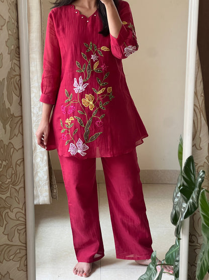 A0584 Red mul chanderi coord set with applique work detailing
