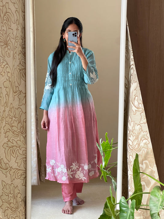 A0410 Premium Mul chanderi Dual shaded 2 piece dress with pearl and appliqué work detailing