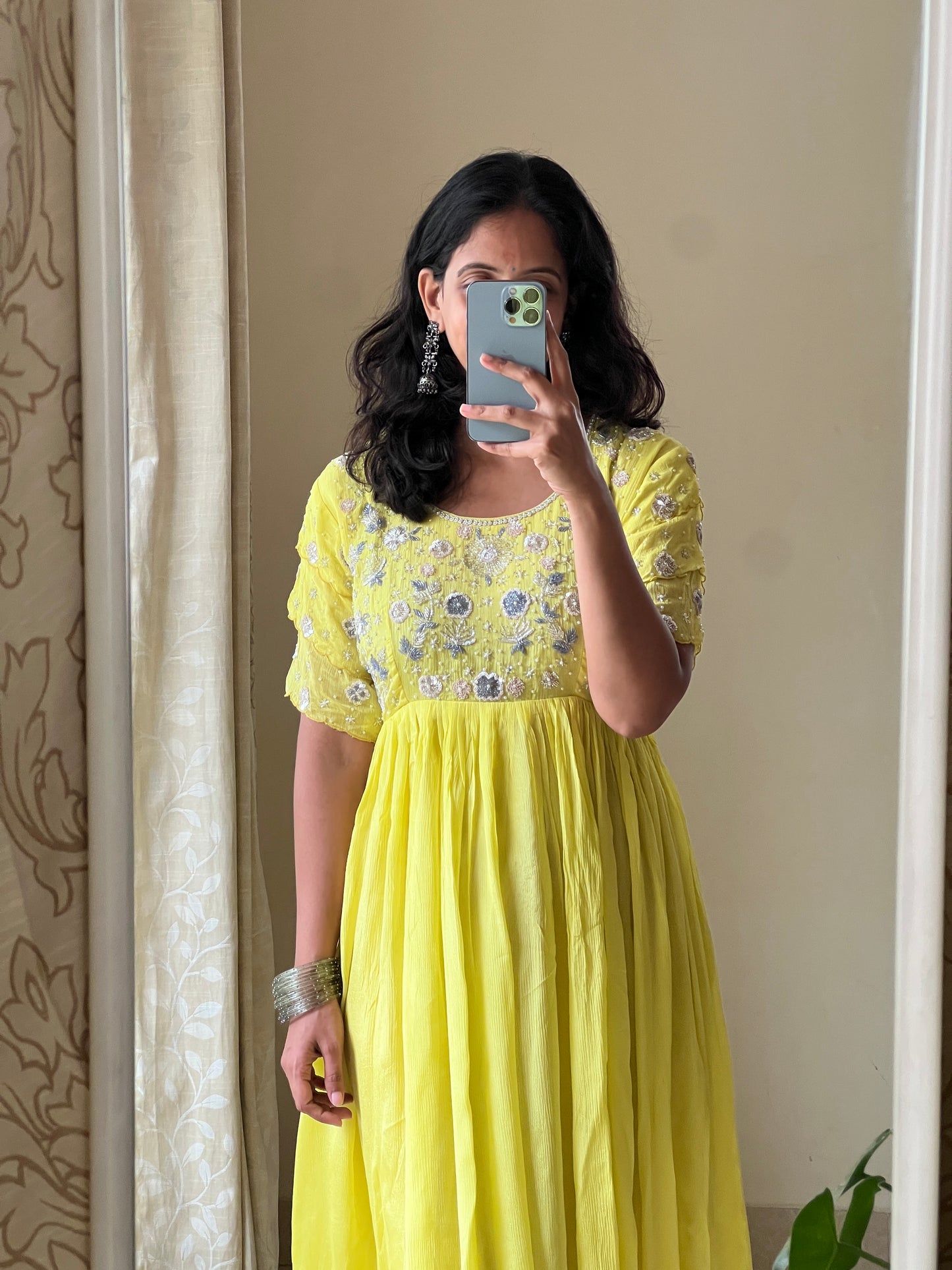 A0496 yellow chinnon one piece dress with beads, zardosi & chips embroidery