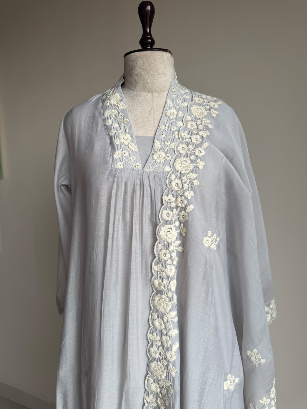 A0845 elephant grey mul chanderi 3 piece dress