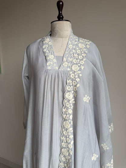 A0845 elephant grey mul chanderi 3 piece dress
