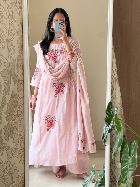 A0581 nude pink mul chanderi 3 piece dress with thread work embroidery all over the dress & pleats on both sides of the dress