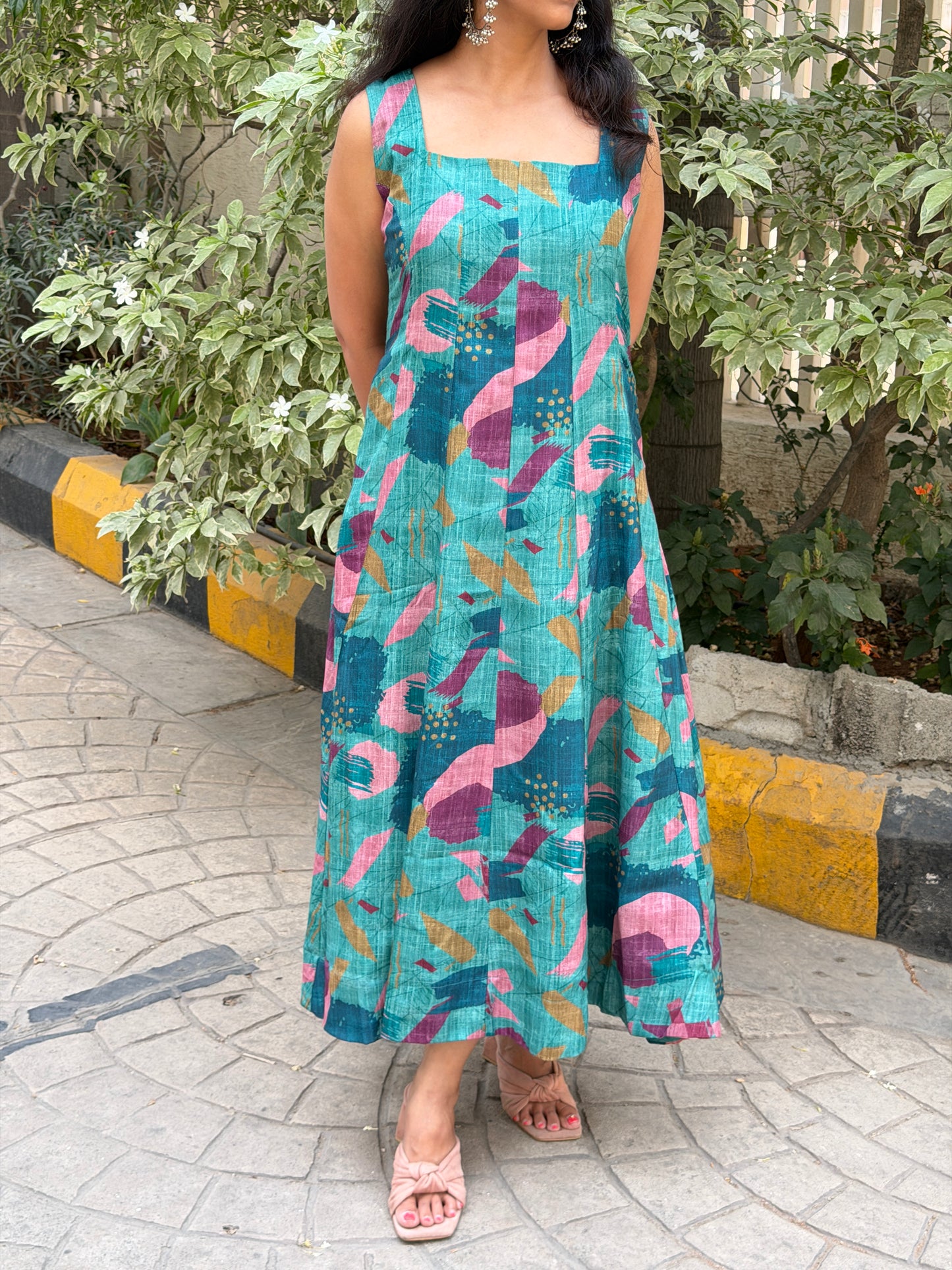 A0726 Lenin abstract pleated dress in beautiful green