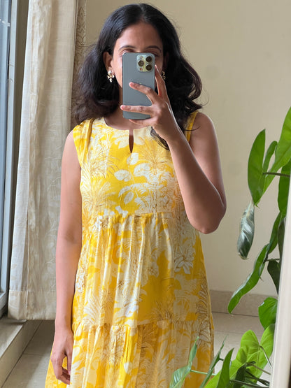 A0527 yellow premium cotton silk one piece floral printed dress, sleeves can be attached