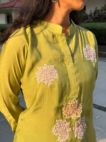 A0692 green mul chanderi coord set with applique work detailing all over the dress