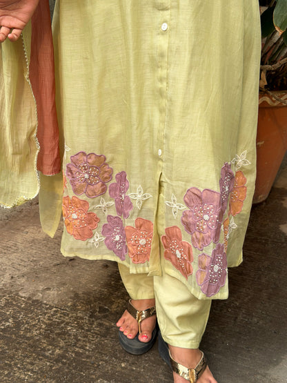 A0677 Pista Green Mul Chanderi 3pc with applique work detailing