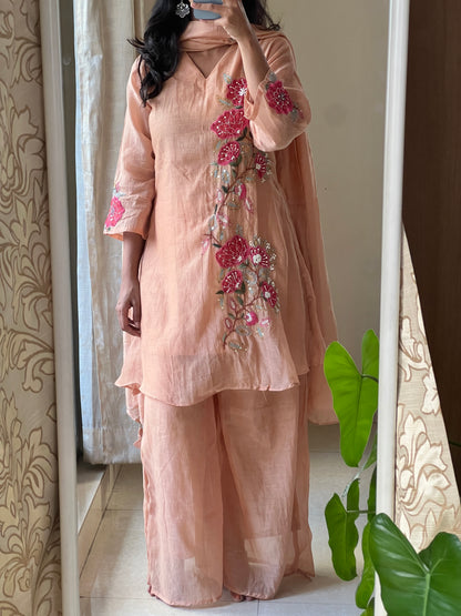 A0590 Mulchanderi 3pc set with complete hand embroidery detailing, comes with palazzo pants and duppata