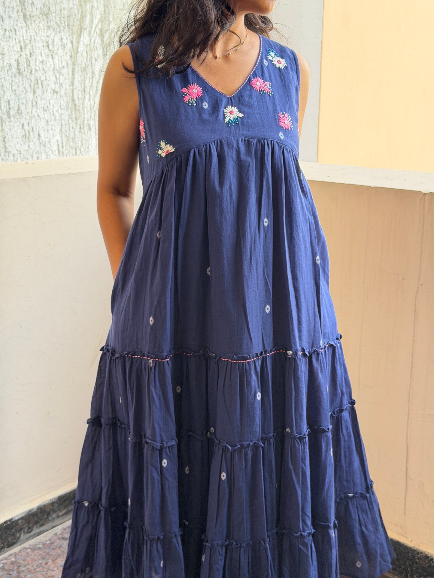 A0744 Blue Bengal cotton Jamdani dress with floral hand embroidery detailing