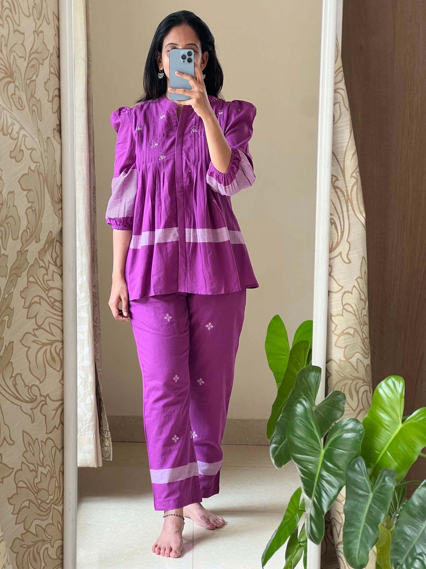 A0509 purple bengal cotton Jamdani coord set