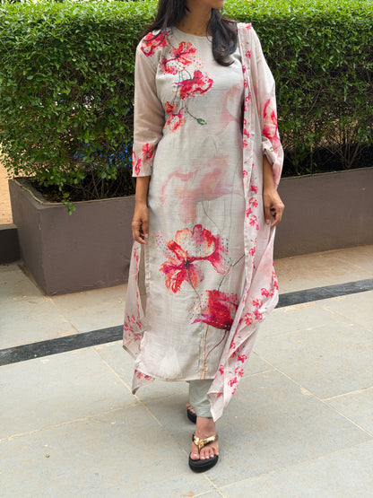 A0799 Mul Chanderi digital print with knot hand work detailing