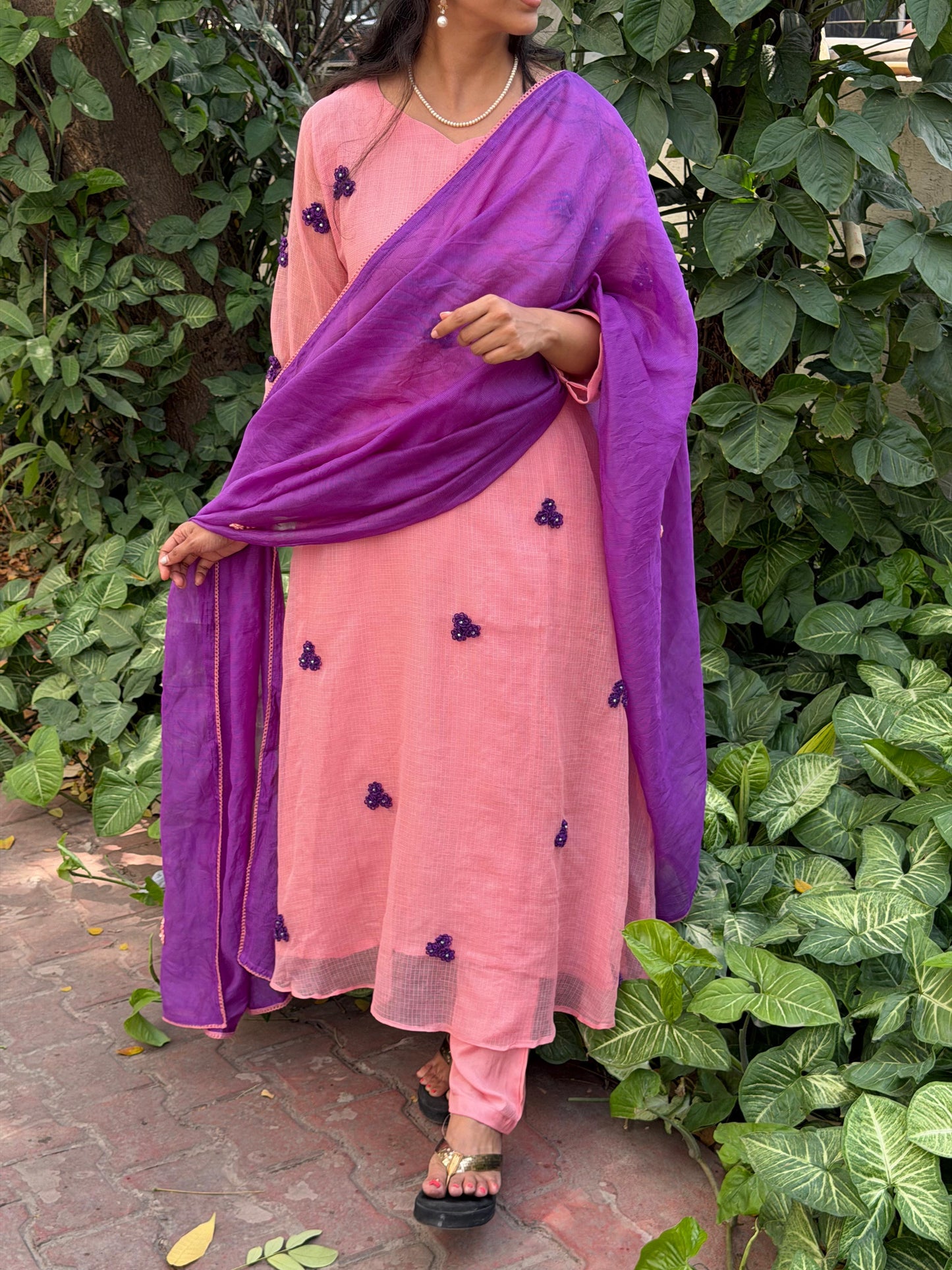 A0664 peach & purple Kota 3 piece dress with floral hand embroidery butties all over the dress
