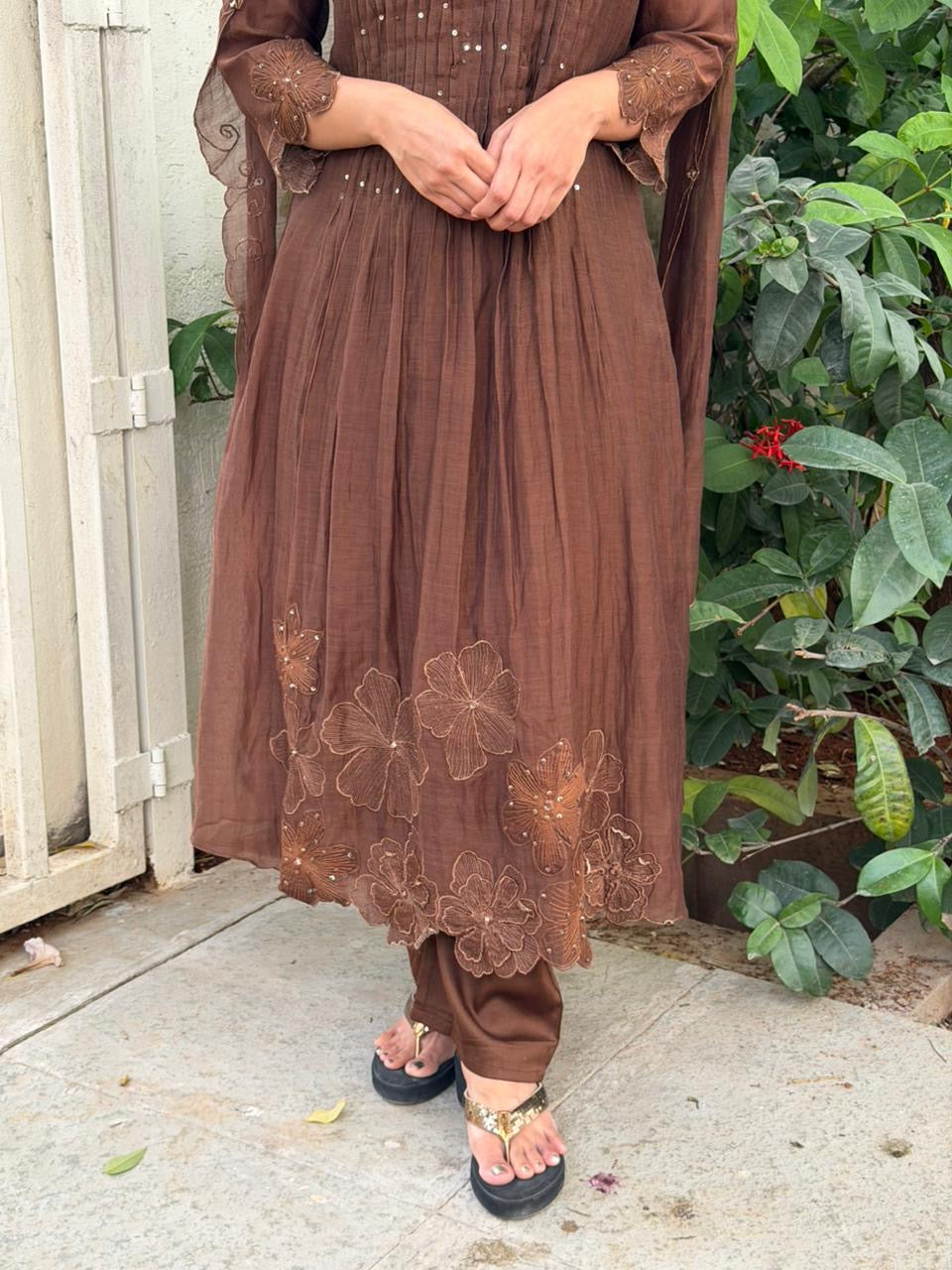 A0622 brown mul chanderi 3 piece suit with floral 3d embroidered & cut work for dress, sleeves & duppatta