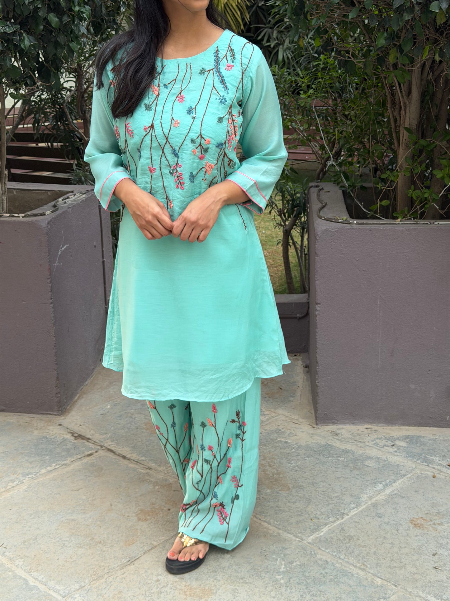 A0598 sea blue Mul chanderi coord set with hand embroidery detailing all over the neck & bottoms