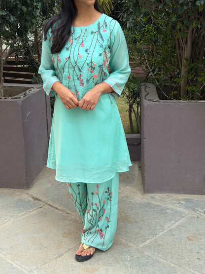 A0598 sea blue Mul chanderi coord set with hand embroidery detailing all over the neck & bottoms