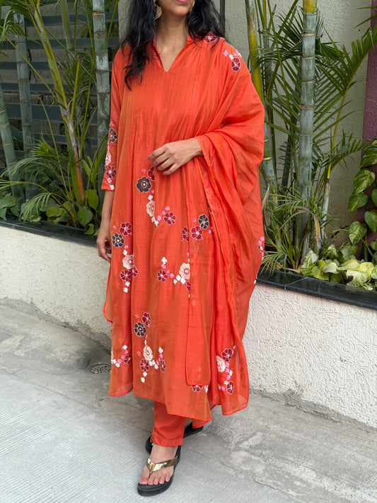 A0605 Orange Mul Chanderi 3pc set with hand paint and embroidery detailing