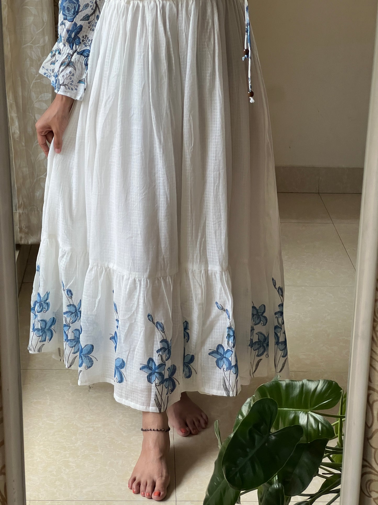 A0464 pure cotton kota white & blue hand block printed dress comes with separate lining inside
