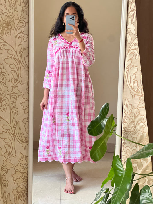 A0649 pink checks handloom cotton one piece dress with hand embroidery detailing on yoke part