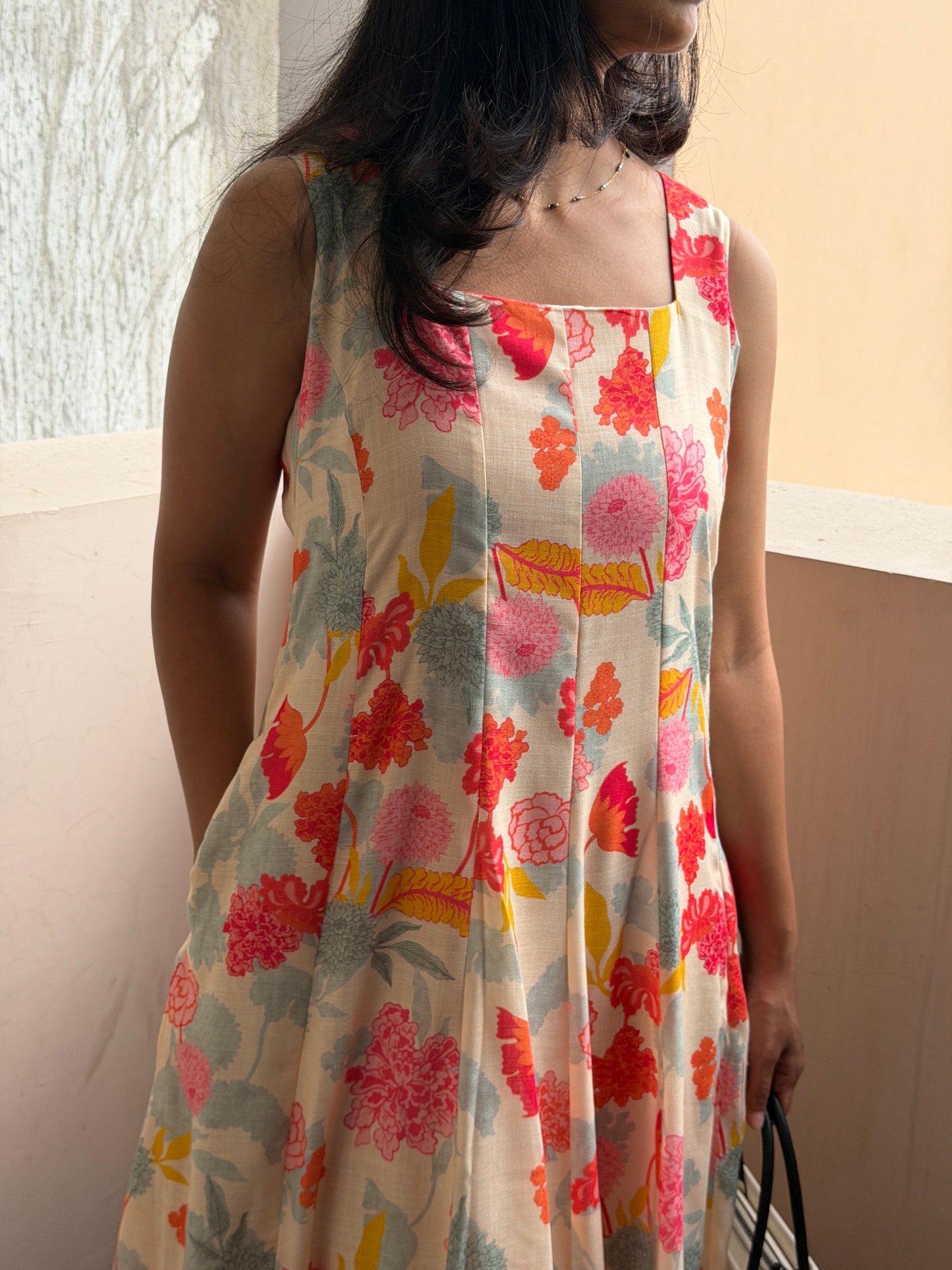 A0767 cream Lenin floral one piece dress comes with lining inside & 3/4th sleeves inside. (Dispatch time one week from 5th June)