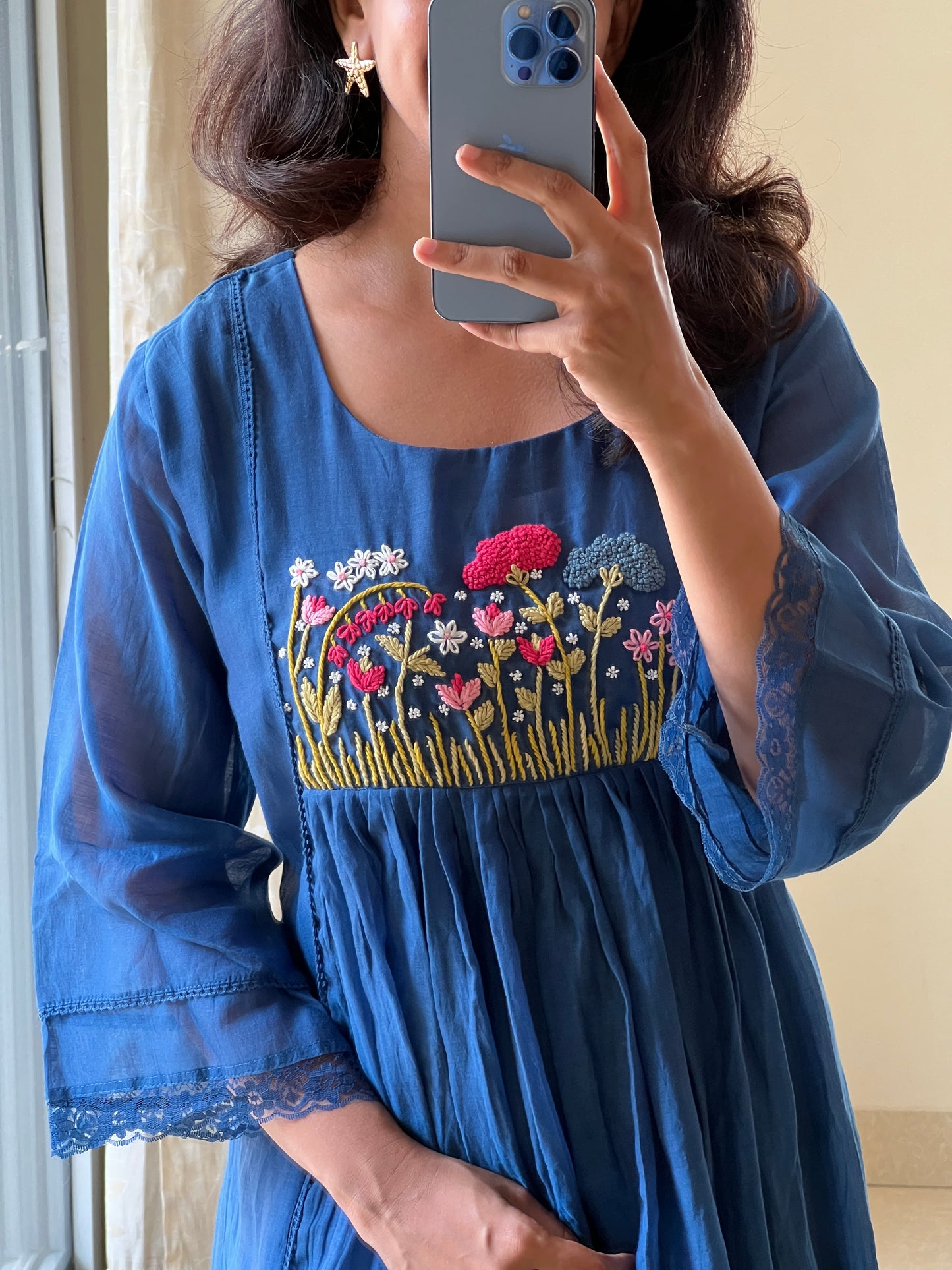 A0531 royal blue mul chanderi one piece dress with hand embroidery detailing on the yoke part