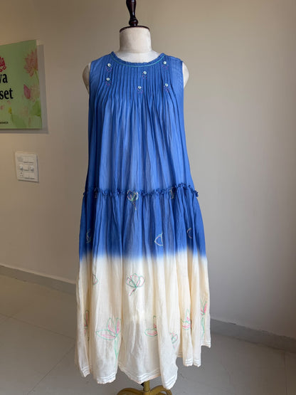A0861 blue & cream shaded self stripes cotton one piece dress