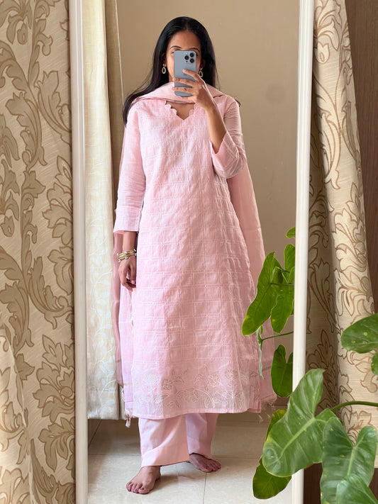 A0354 pink Lenin tissue 3 piece dress with all over machine embroidery & applique work detailing