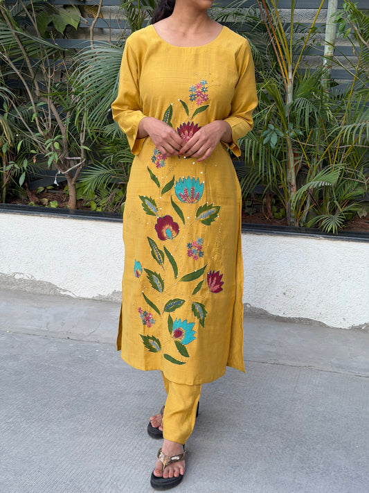 A0608 vatican silk 2pc Mustard hand painted and embroidery detailing