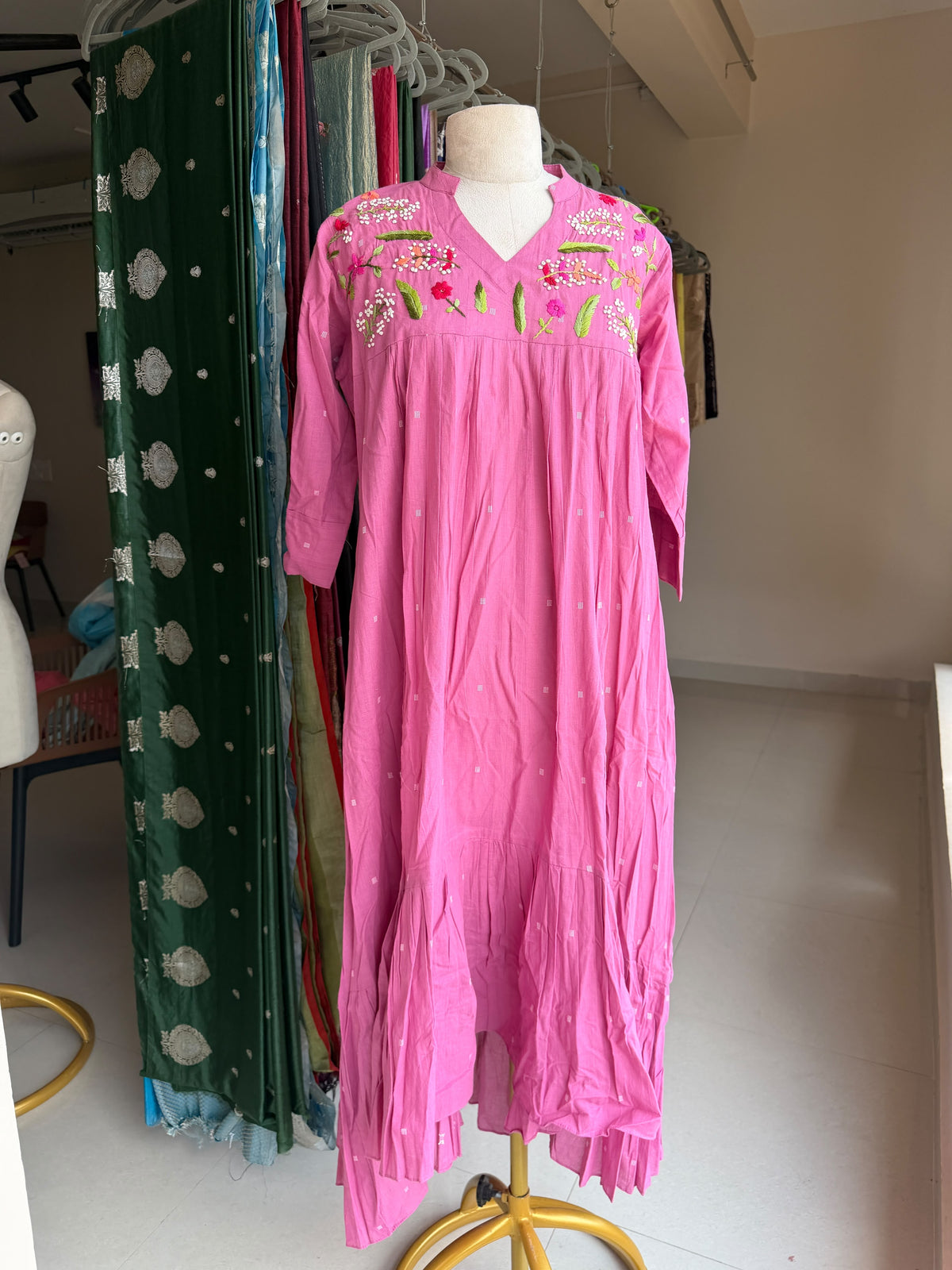 A0052 handloom cotton weave one piece high low dress with hand embroidery