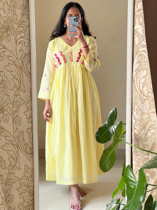 A0646 yellow Mulmul cotton one piece dress with hand embroidery detailing on yoke part