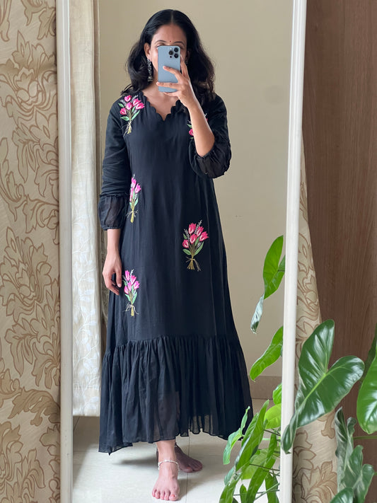 A0517 black cotton kota one piece dress with flower bunch embroidery all over the dress