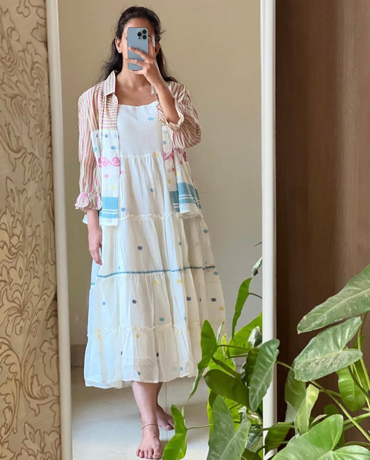 A0205 white Bengal cotton jamdani dress with shrug