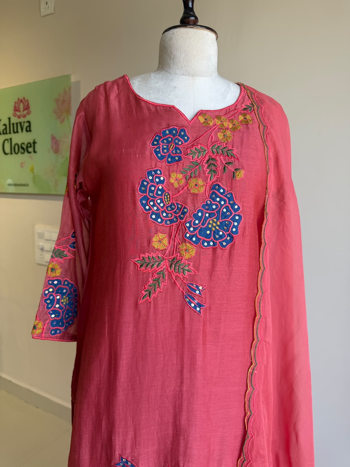 A0858 pink mul chanderi 3 piece dress with applique work