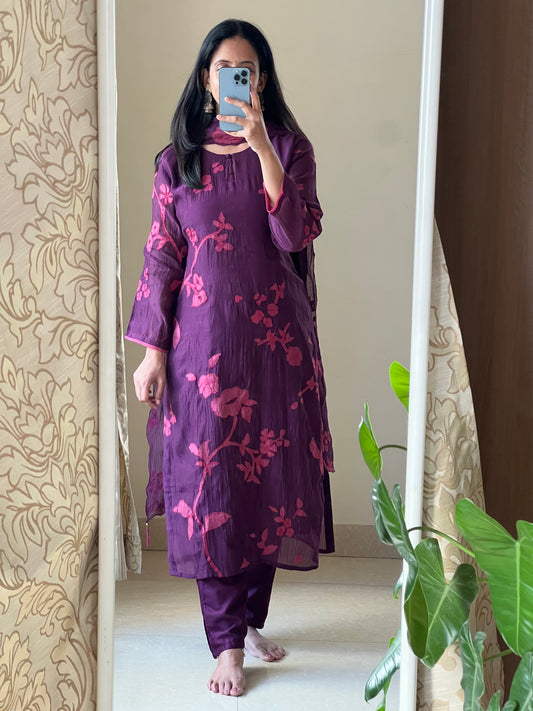 A0572 wine mul chanderi 3 piece dress with applique embroidery detailing all over the dress & duppatta