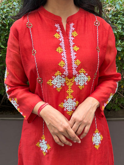 A0673 rust mul Chanderi 2 piece set with Kutch work hand embroidery detailing all over the top