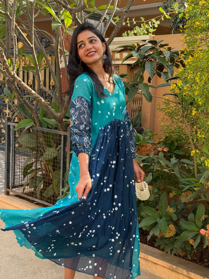 A0444 This stunning block-printed dress is crafted from a luxurious blend of premium MulChanderi fabric. Experience the ultimate in eco-friendly fashion and artistic detail of Block print.
