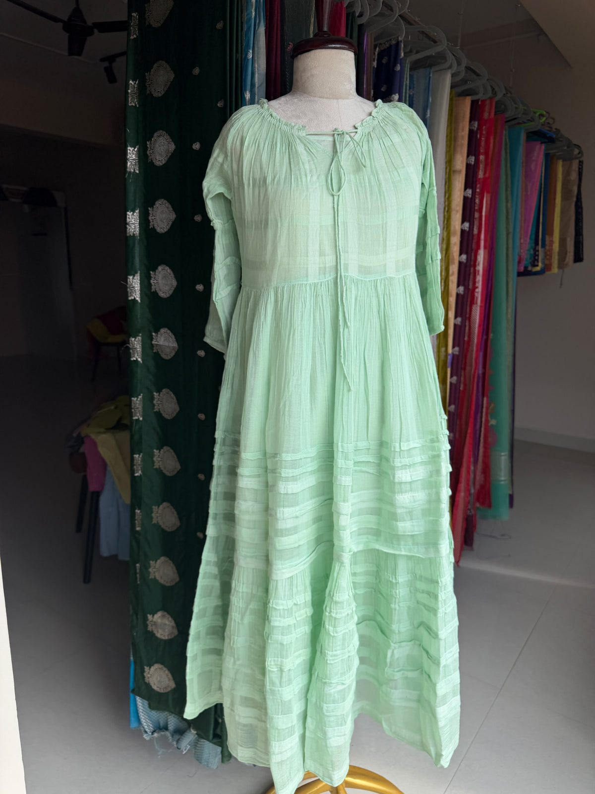 Sea green pure cotton self design one piece dress