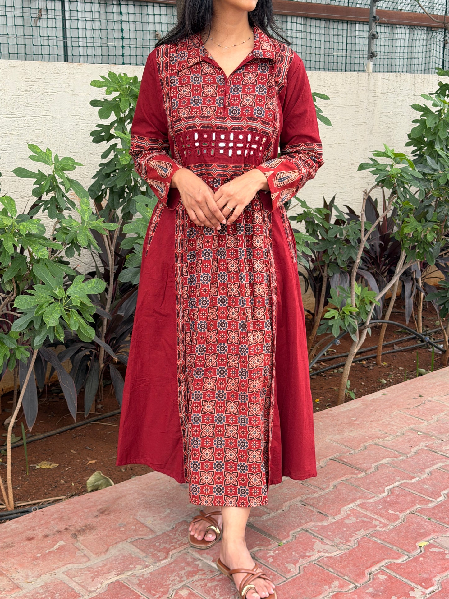 A0801 Red Ajrak pure cotton A-line dress