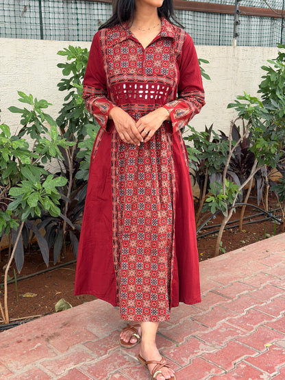 A0801 Red Ajrak pure cotton A-line dress
