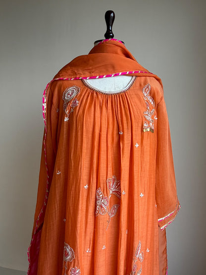 A0849 orange mul chanderi hand embroidery work 3 piece dress