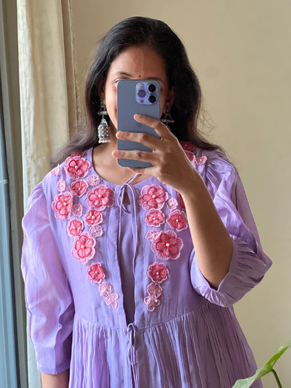 P022 lavender mul chanderi 3 piece dress with applique work & coat