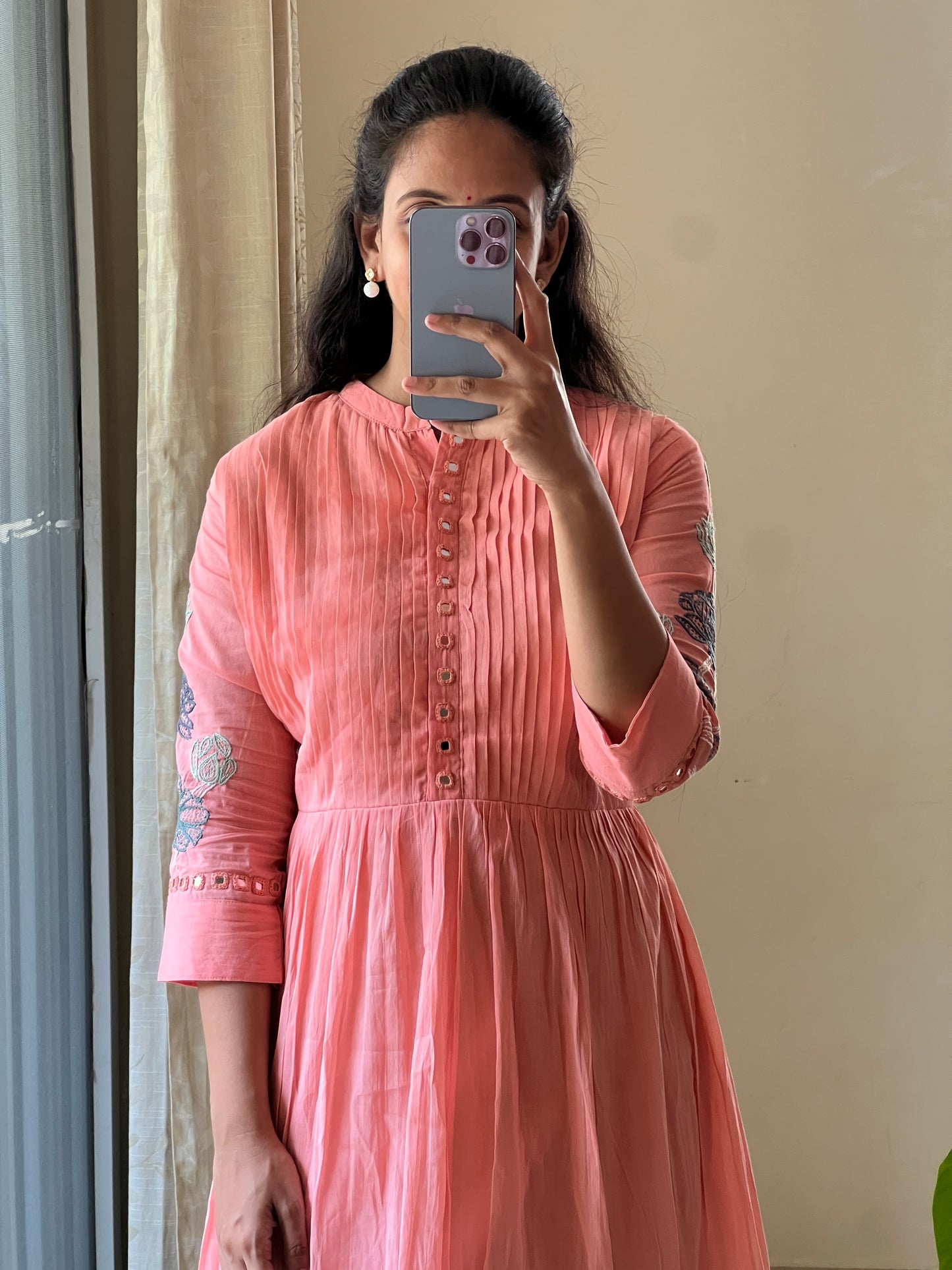 A0429 peach & green Mulmul shaded 2 piece dress with glass mirror & Kantha embroidery detailing on hands