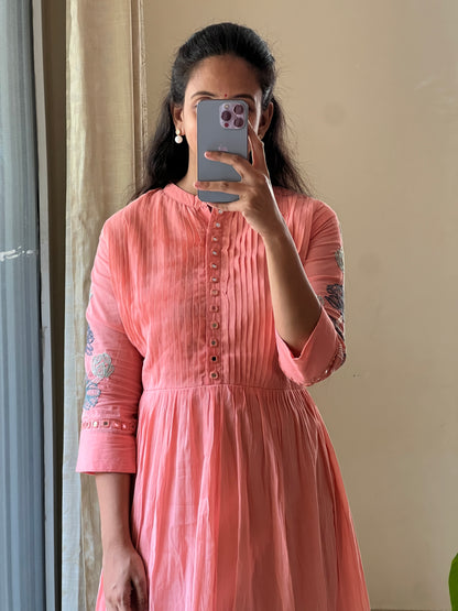 A0429 peach & green Mulmul shaded 2 piece dress with glass mirror & Kantha embroidery detailing on hands