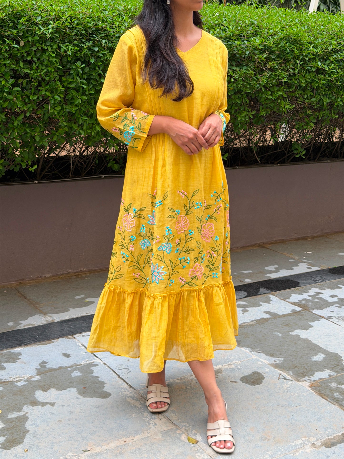 A0822 mustard mul chanderi one piece dress